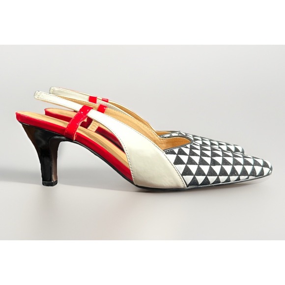 Beacon Fashion Size 10W Ariel Sling Back Black White & Red Patent Velvet - Picture 1 of 8